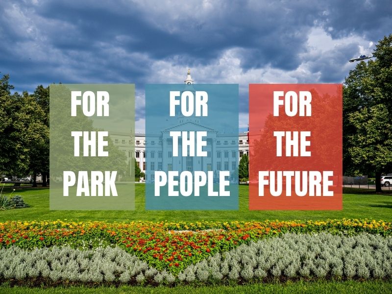 Civic Center Park with "For the park, for the people, for the future" text overlayed