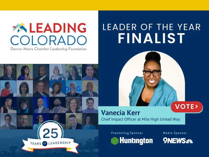 Graphic highlighting Vanecia Kerr as Leader of the Year Finalist for Leading Colorado.