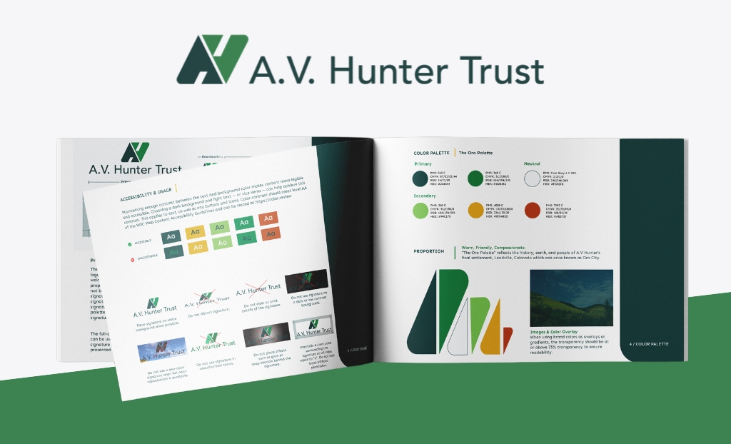 A.V. Hunter Trust logo and brand guide booklet