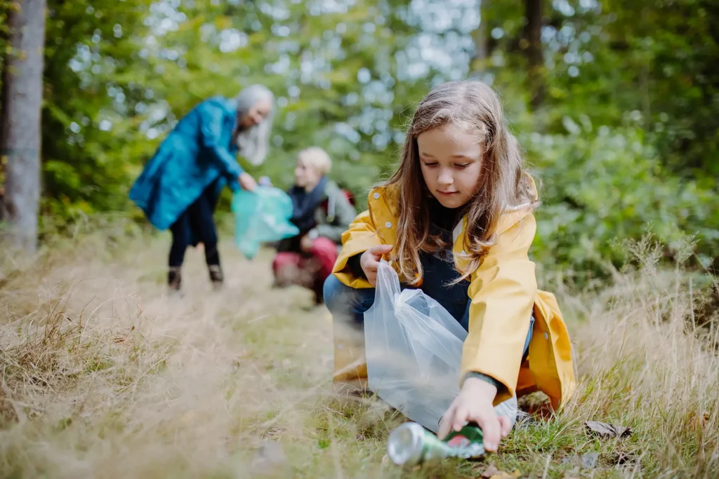 Girl in raincoat picking up a can in the park, other volunteers behind her with a garbage bag