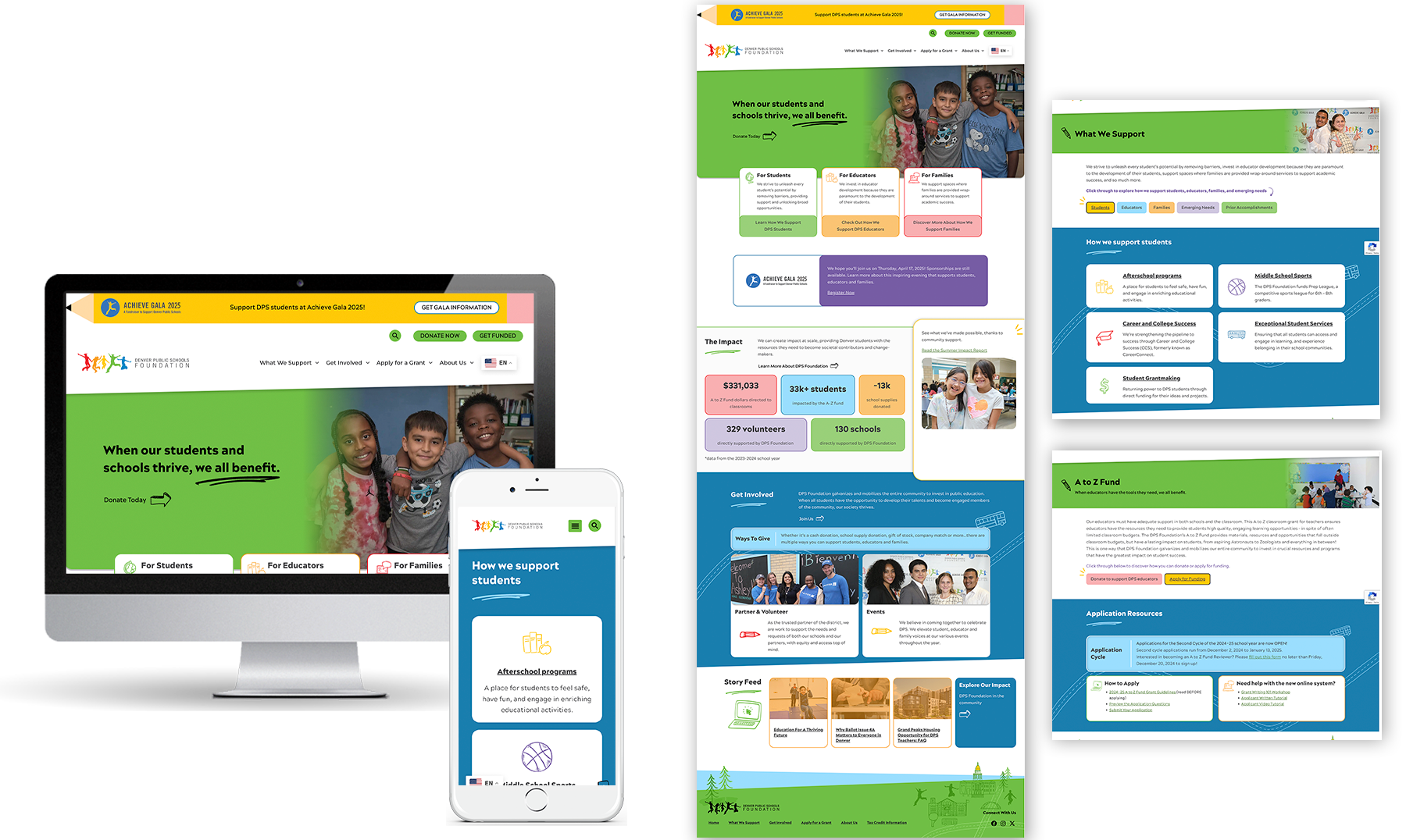 A mockup of the DPS Foundation colorful redesign on a desktop computer and an iPhone.