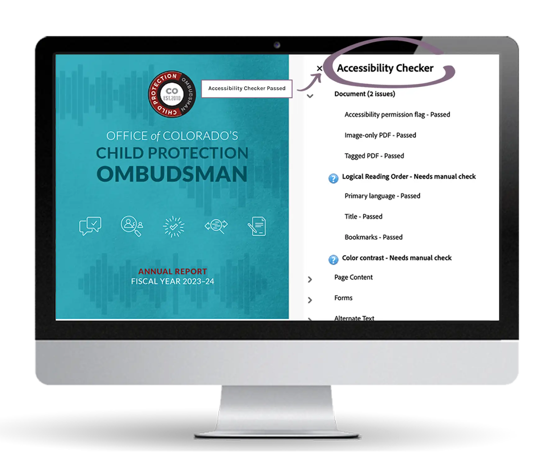 A mockup of Adobe Acrobat's Accessibility Checker tool being used on CPO's annual report