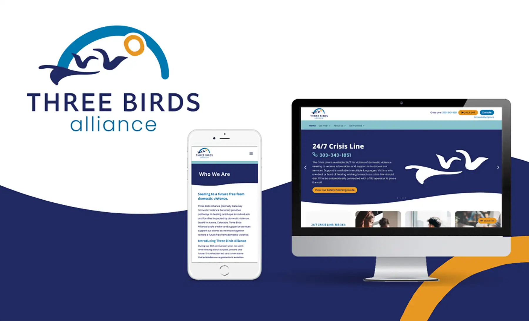 A mockup of the Three Birds Alliance website on a desktop computer and smartphone