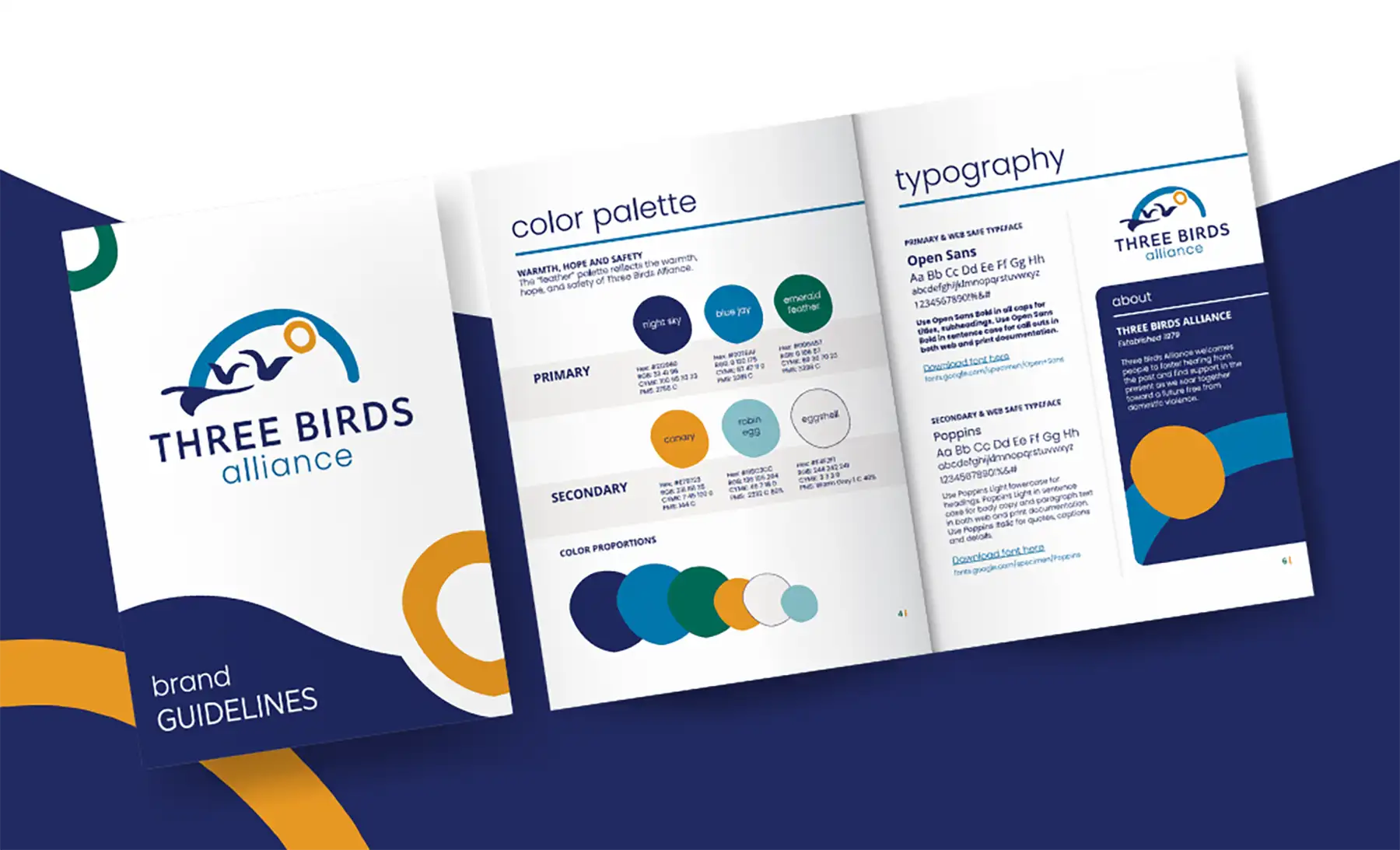 A mockup of the Three Birds Alliance branding guidelines