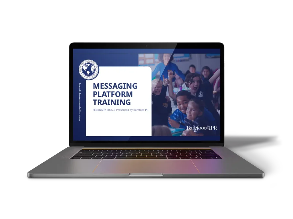 A laptop with a "Messaging Platform Training" for Denver Language School displayed on it