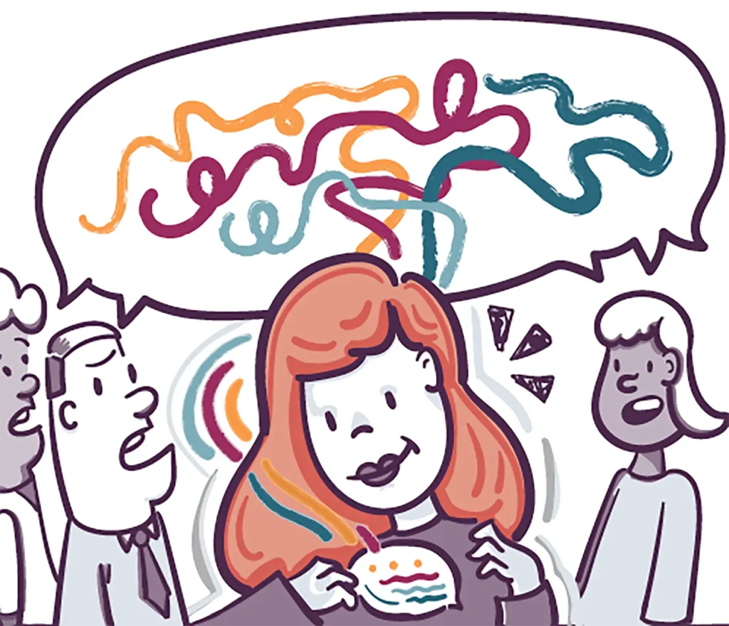 An illustration of a woman getting an idea from hearing the voices of others