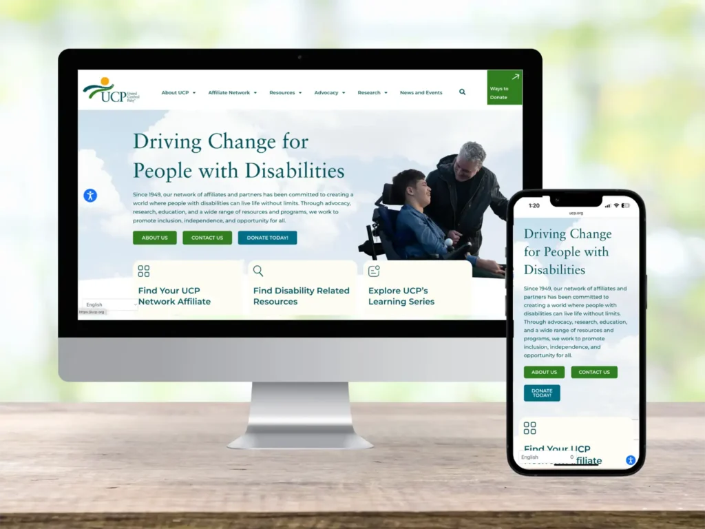 Mockup showing the UCP homepage on a Mac desktop and smartphone screen.