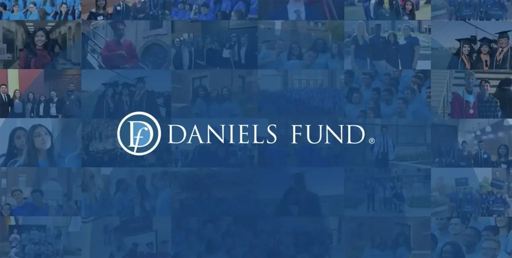 The Daniels Fund logo with a blue overlay against a collage of photos of students