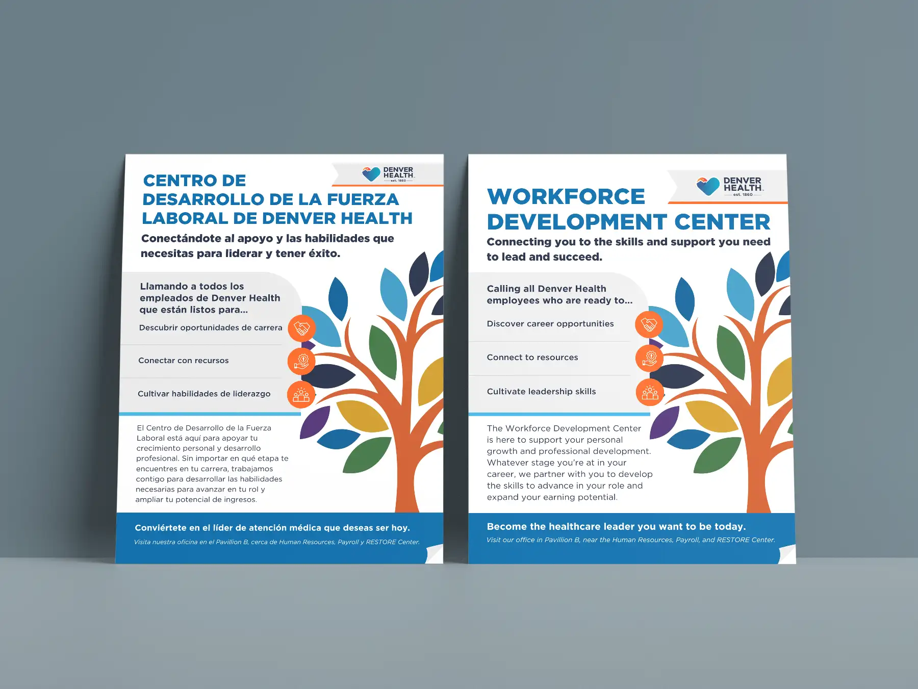 A poster mockup of Denver Health Workforce Development center outline in English and Spanish