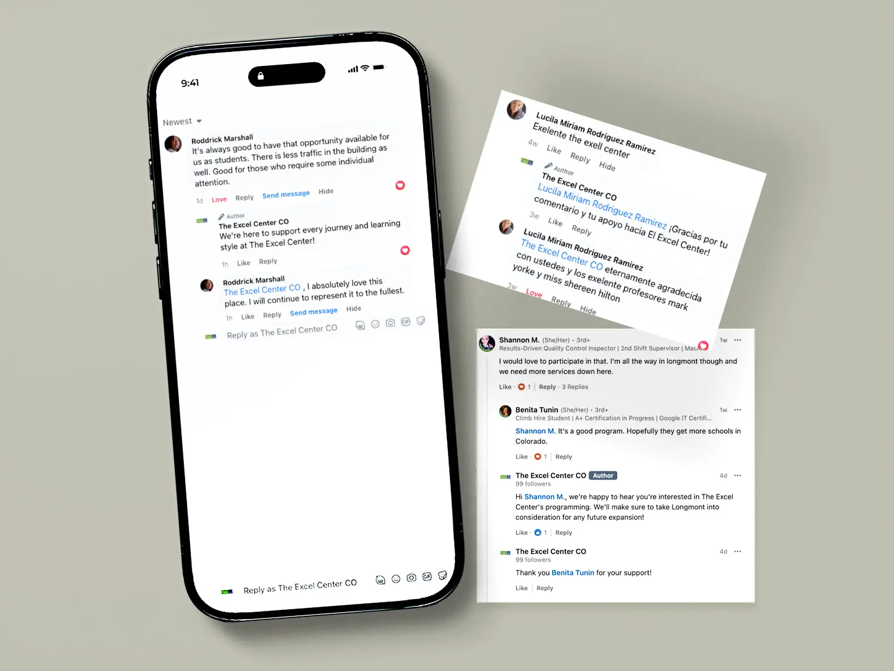 Phone with comments from the Excel Center interacting with users that are leaving positive comments
