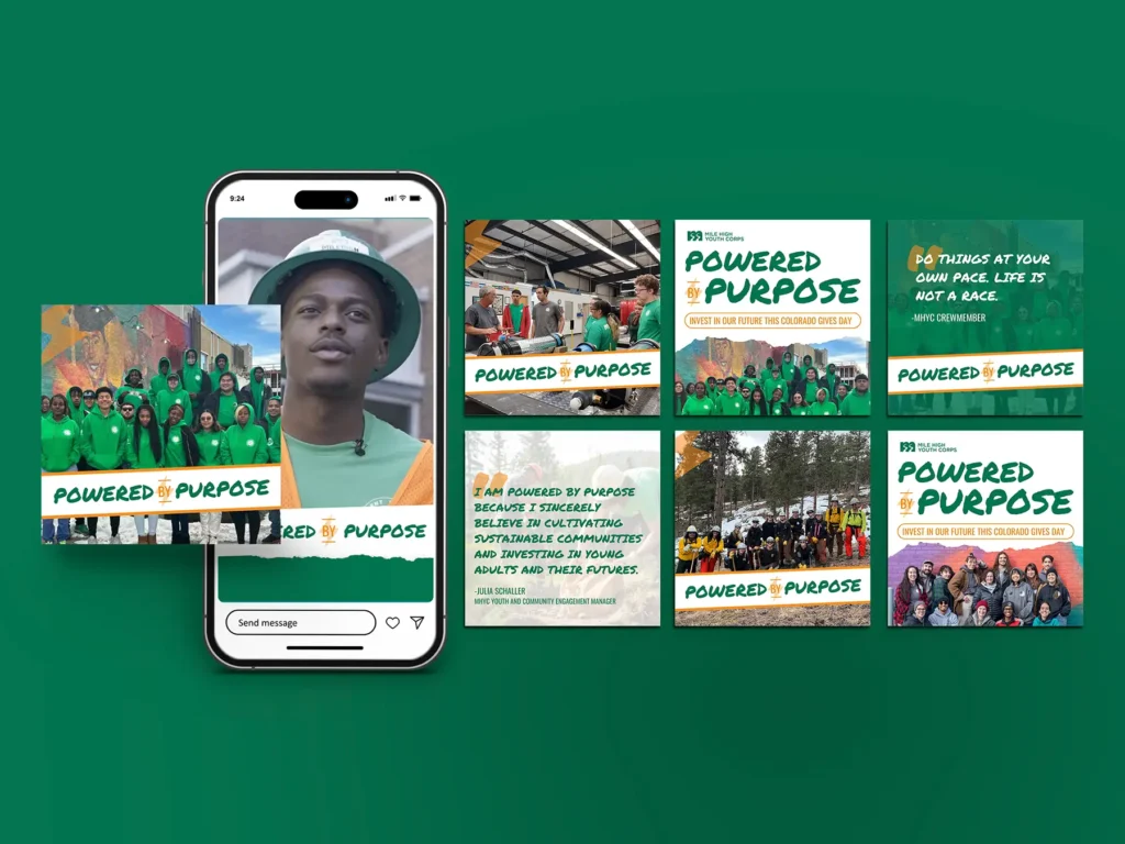 A mockup of an iPhone with the Mile High Youth Corps social media feed