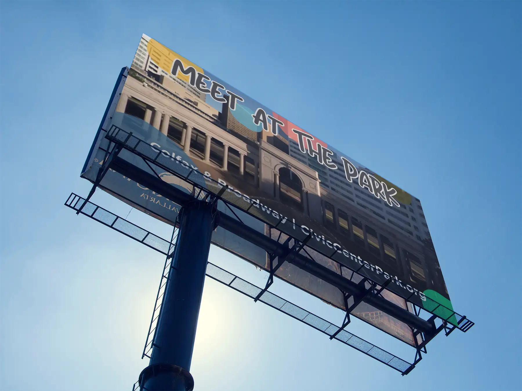 A billboard that reads "Meet at the Park" from Civic Center Conservancy