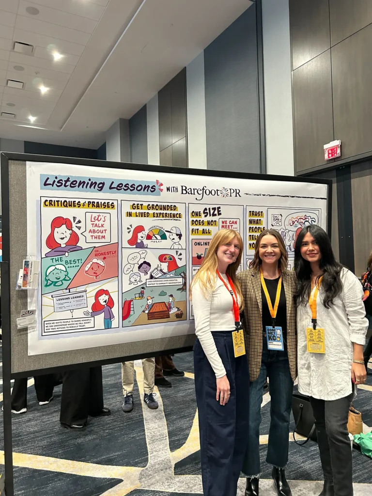 The Barefoot team standing in front of a poster that reads "Listening Lessons" at Comnet 2024