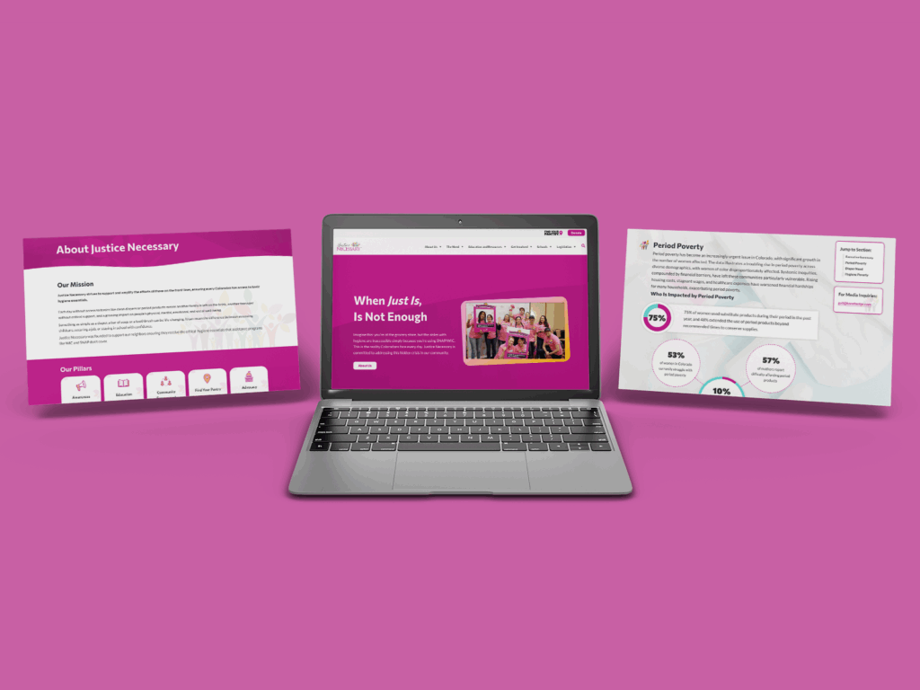 Laptop computer showing 3 different pages of the Justice Necessary website