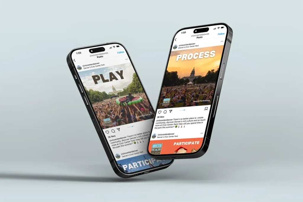 2 iPhones showing instagram posts with large crowds in front of the park from Civic Center Conservancy