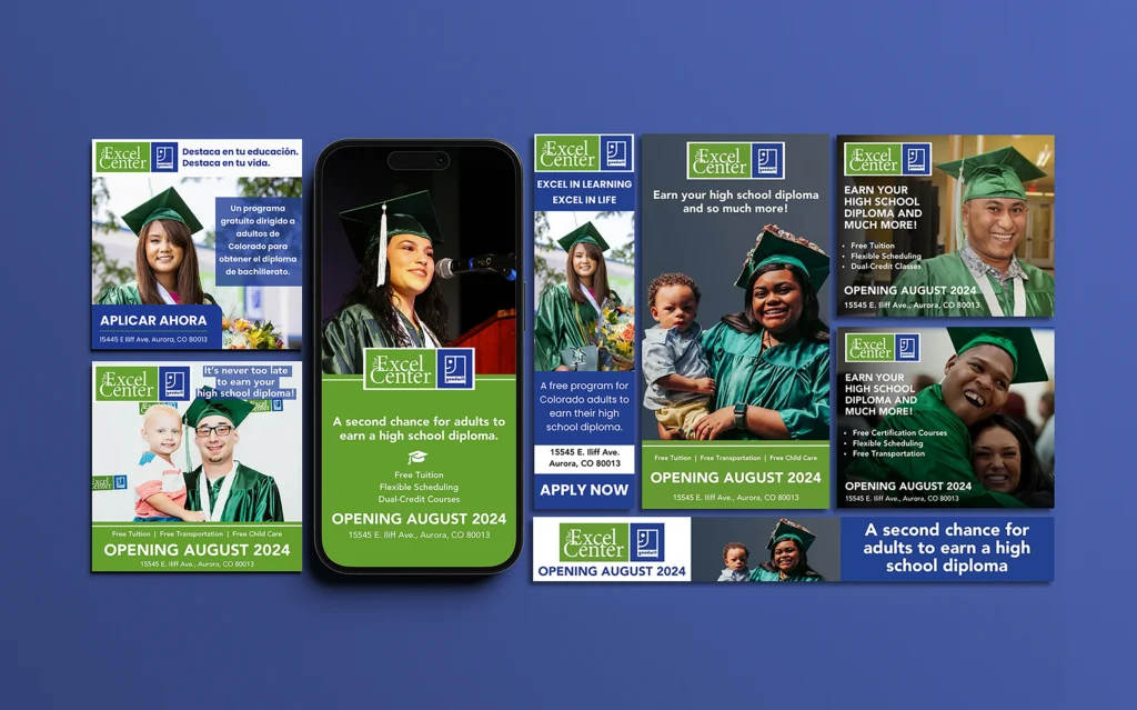 Mockup of Excel Center social media posts related to adults getting high school diplomas