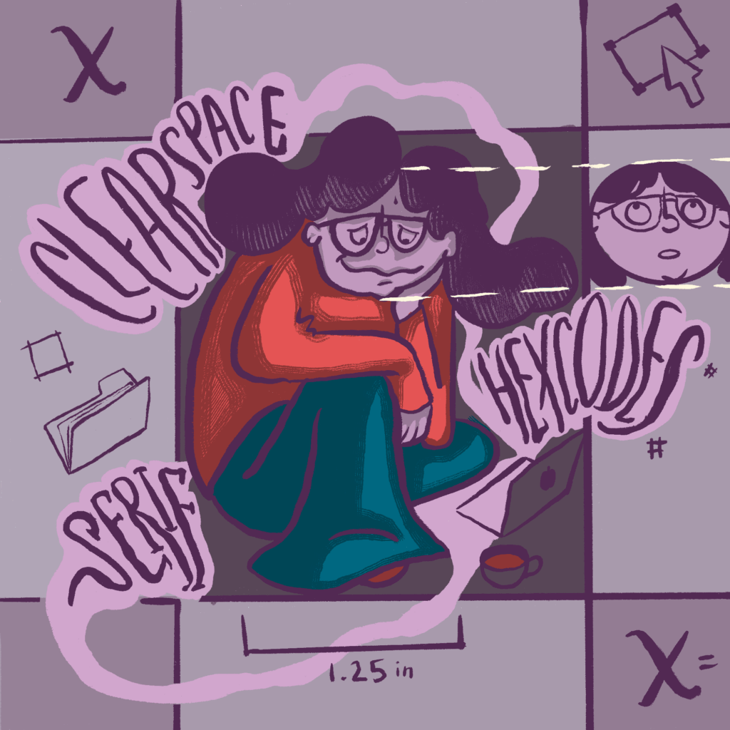 An illustration of a woman with a worried look surrounded by graphic design terminology speech bubbles and other design icons.