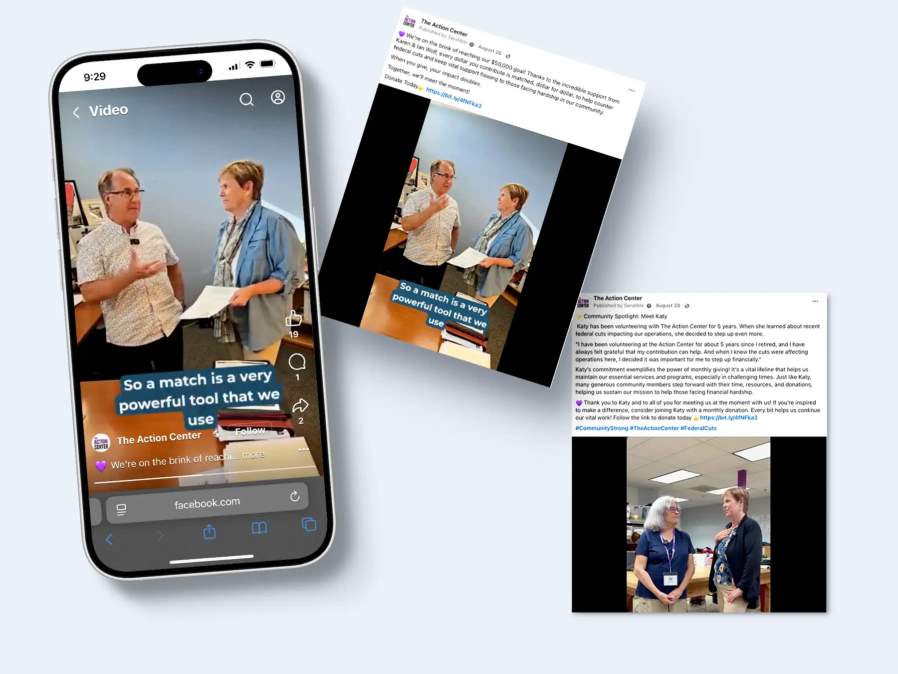 A mockup of two Facebook posts from the Action Center account related to their Meet the Moment video storytelling campaign