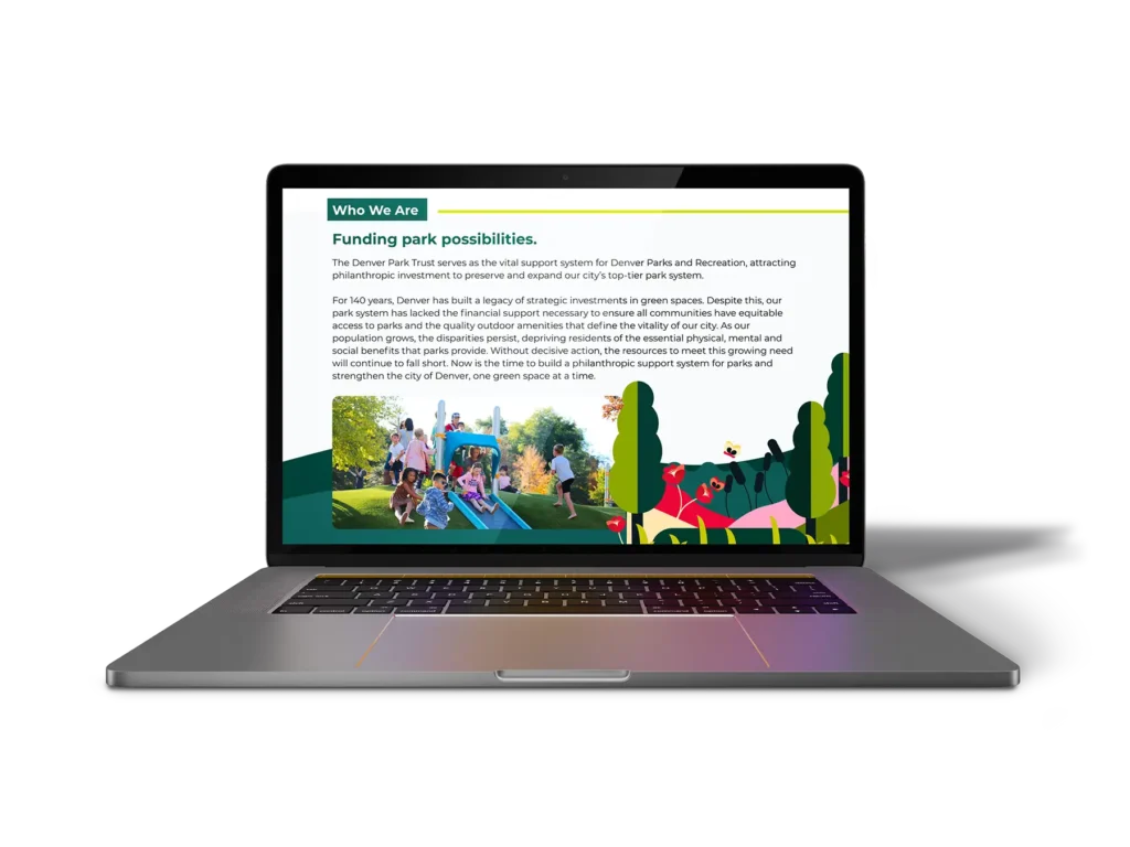 A laptop showcasing the new Denver Park Trust collateral with new messaging.