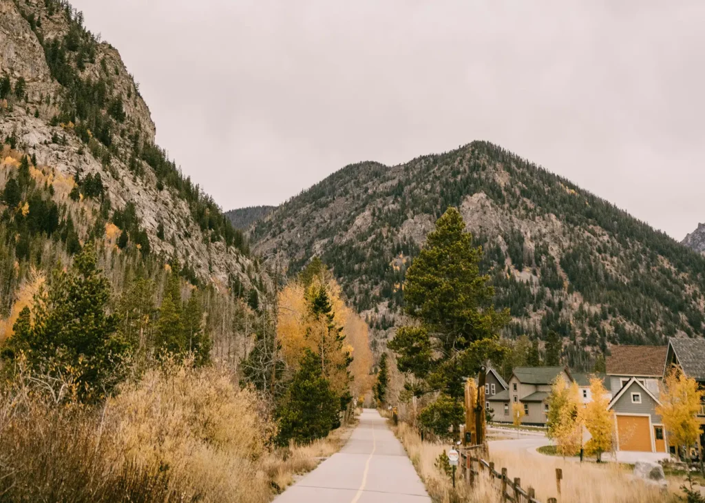 A wide view of a neighborhood with mountains in the background