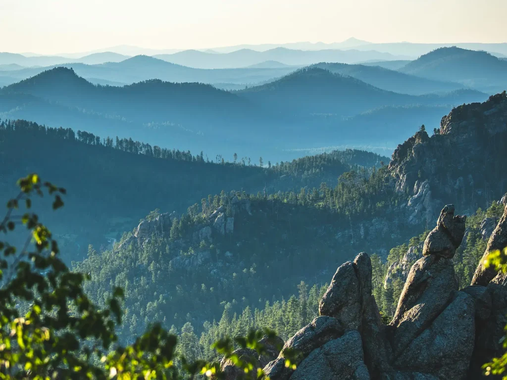 A wide shot of Black Hills, South Dakota on a sunny day
