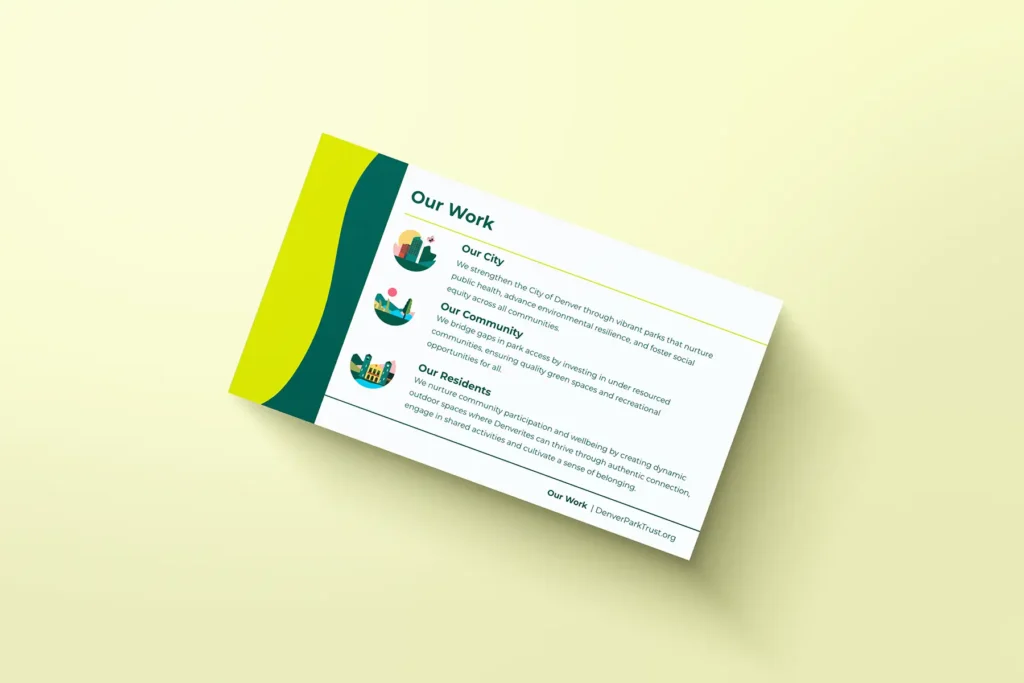 A branded card that says "Our Work" describing the work of the Denver Park Trust