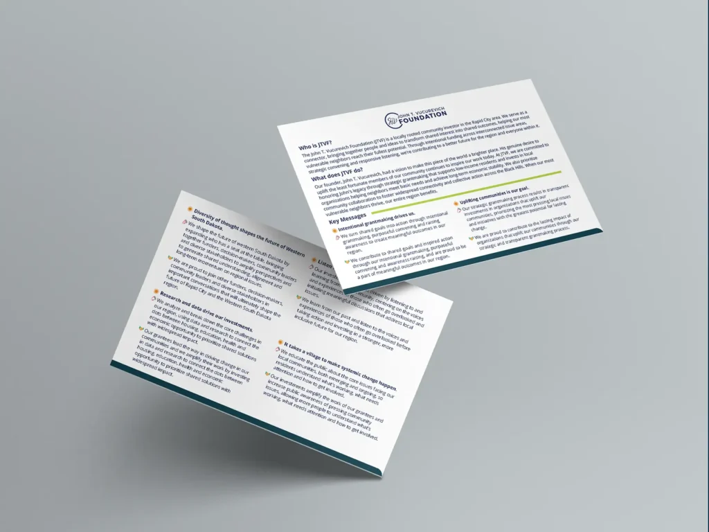 Branded index cards describing the John T. Vucurevich Foundation messaging