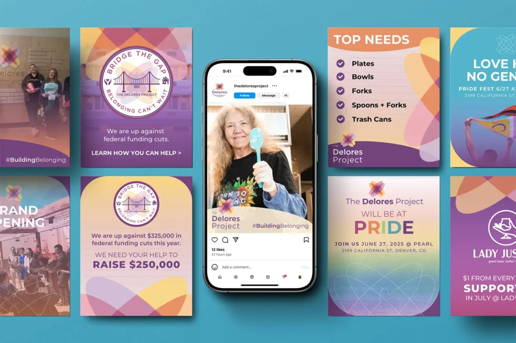 Examples of social media templates in The Delores Project branding and colors
