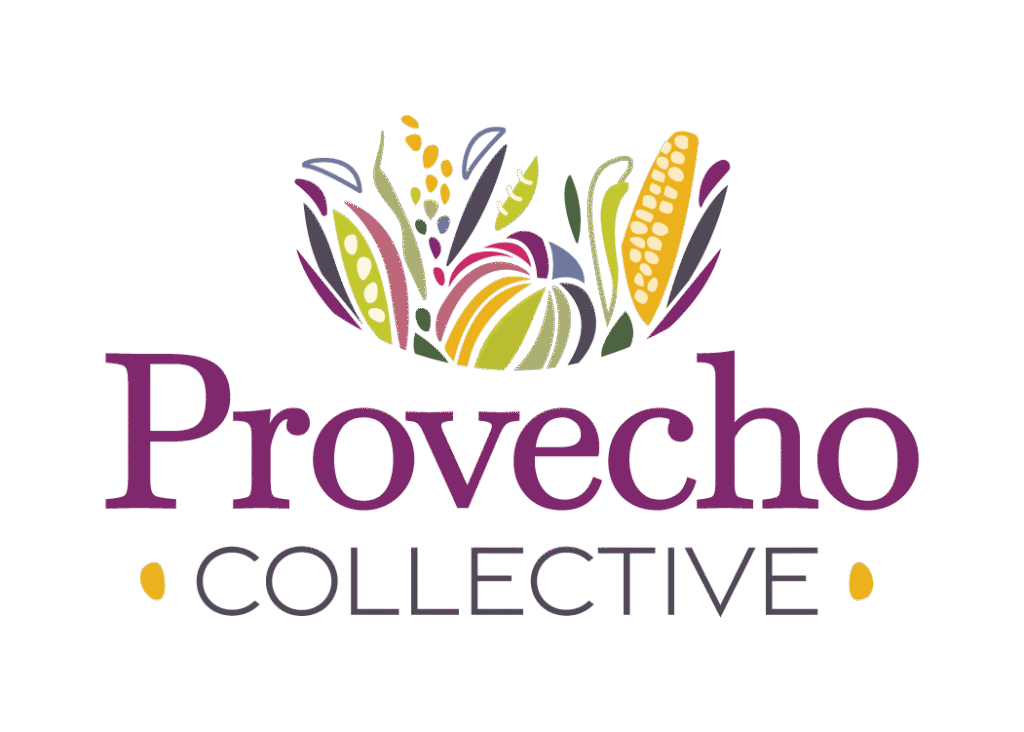 Provecho Collective logo. Illustration of vegetable harvest with serif text Provecho.