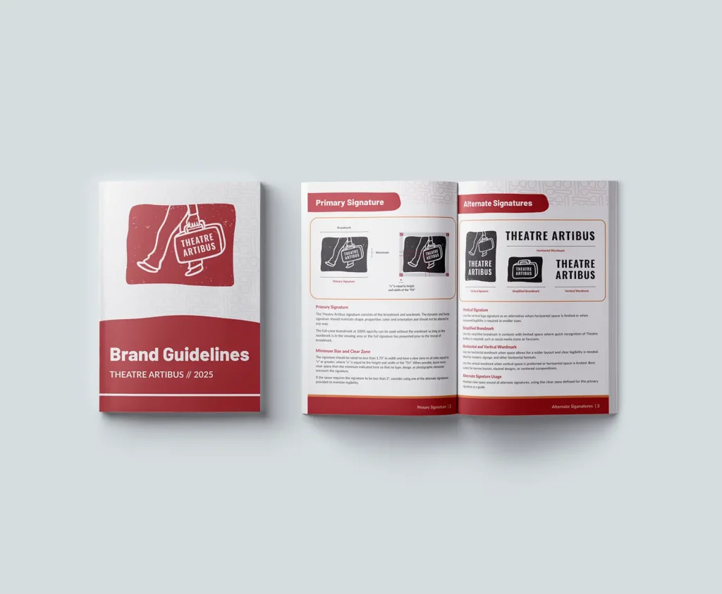 Mockup of the first two pages of Theatre Artibus brand guidelines.