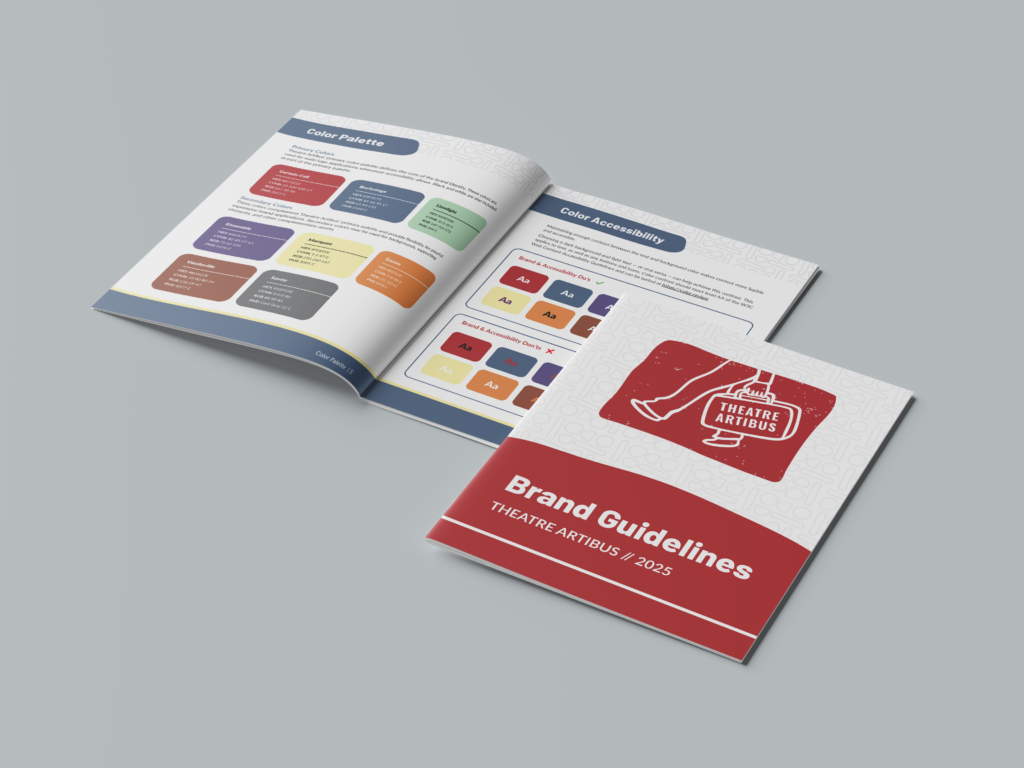 Mockup of Theatre Artibus brand guide, color guidelines.