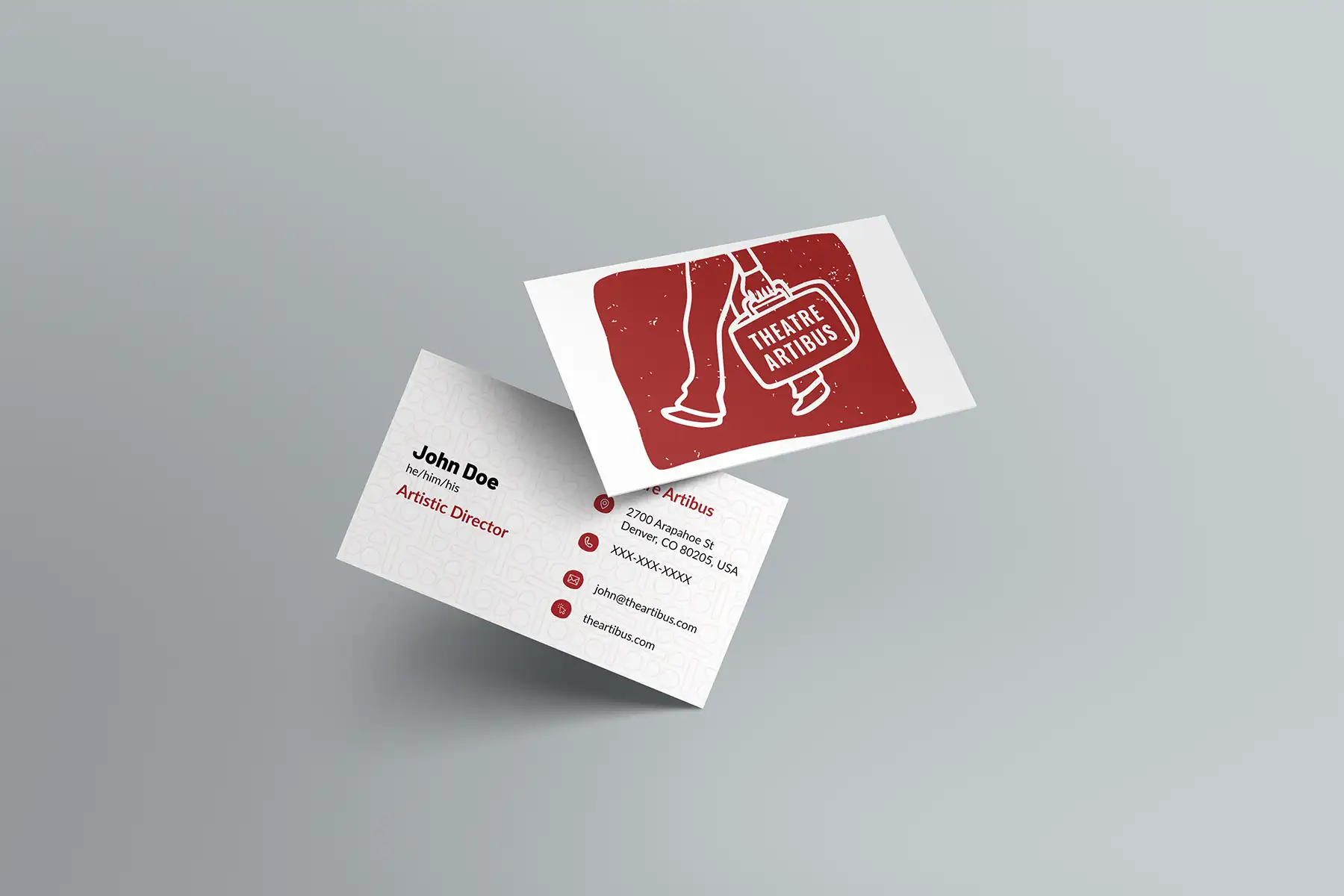 Mockup of Theatre Artibus business cards.