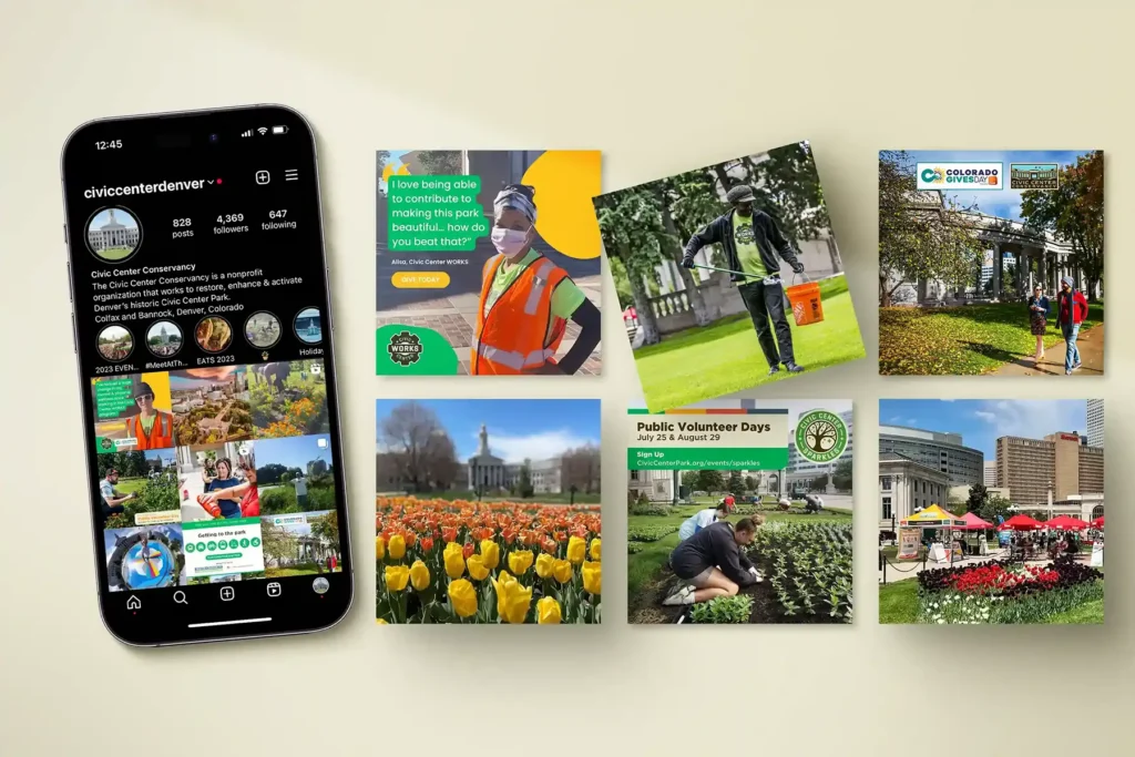 A social media mockup of several graphics relating to Civic Center Conservancy