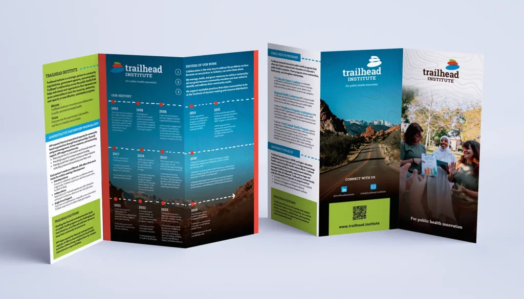 A mockup of a brochure going over Trailhead Institute's mission and timeline