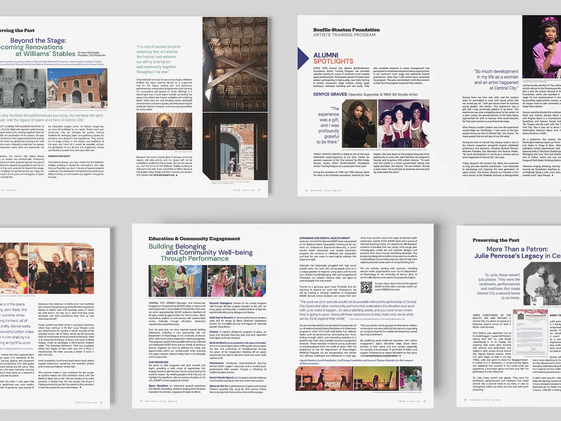 A mockup of 5 different articles that Barefoot PR helped to develop relating to Central City Opera's festival program book