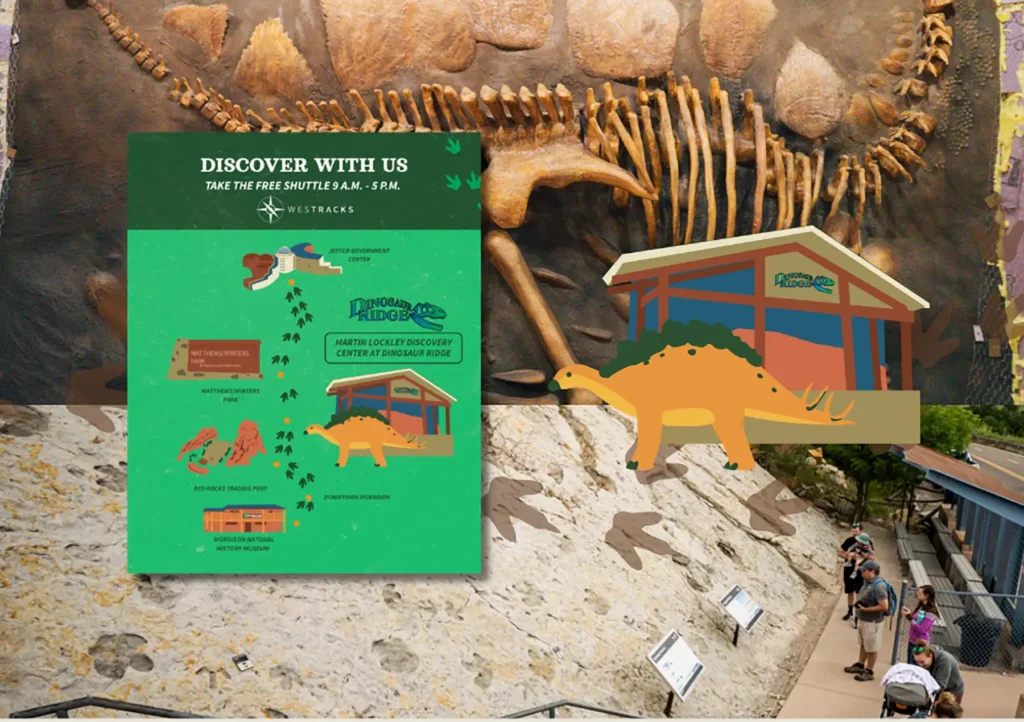 A collage of pictures from Dinosaur ridge and design elements created by Barefoot PR