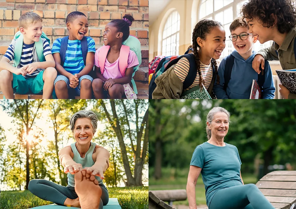 grid of 4 photos, two groups of children, and two older women exercising outdoors