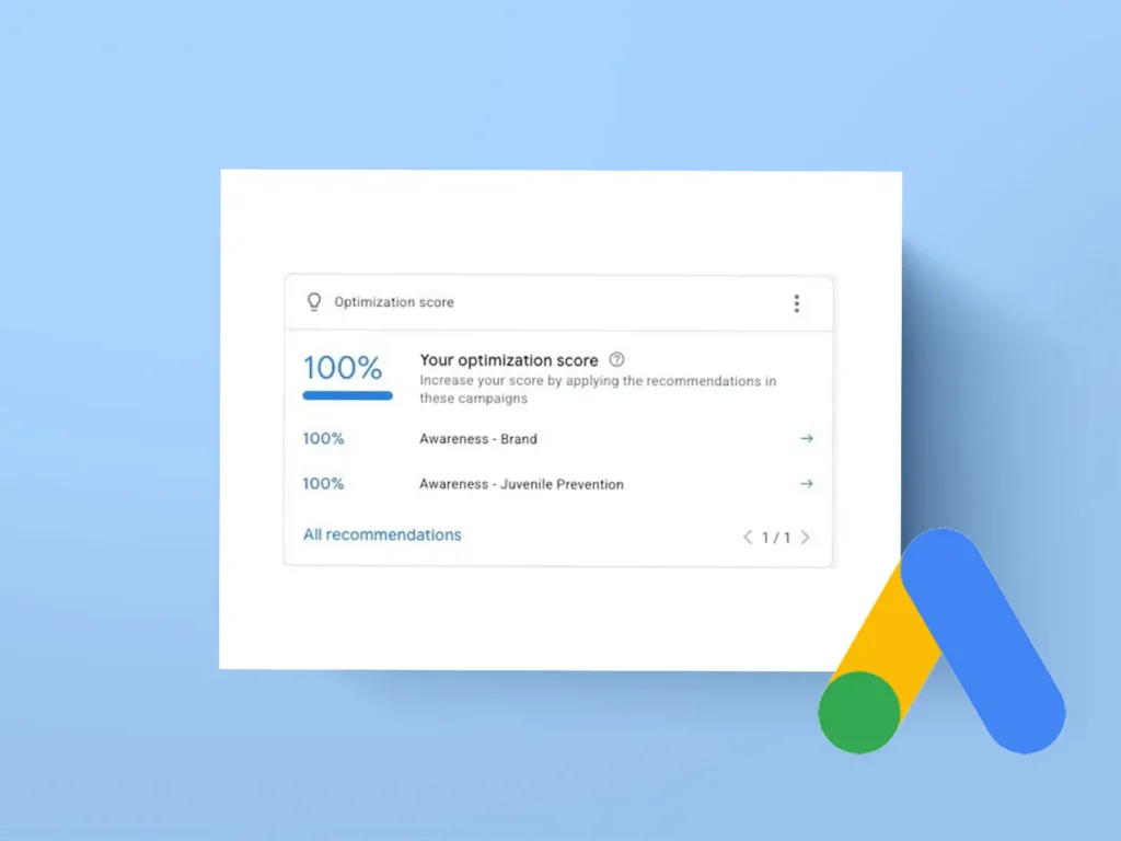 A screenshot from Google Ads that says 100% optimization score