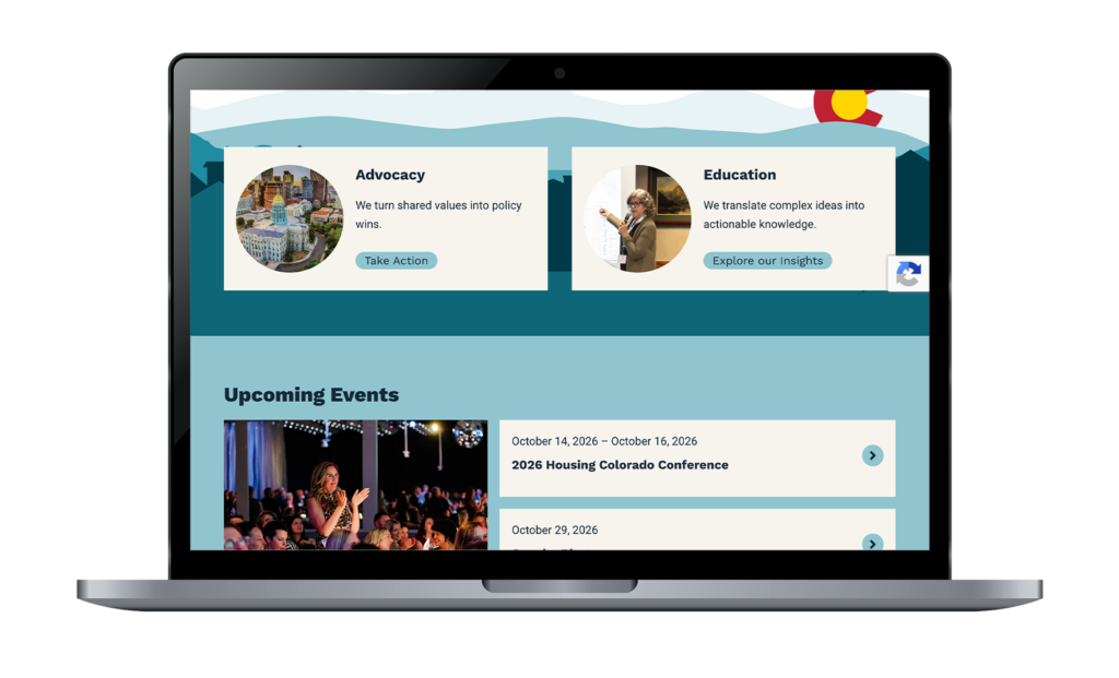 the advocacy and education section scrolling into the events section on the Housing Colorado homepage